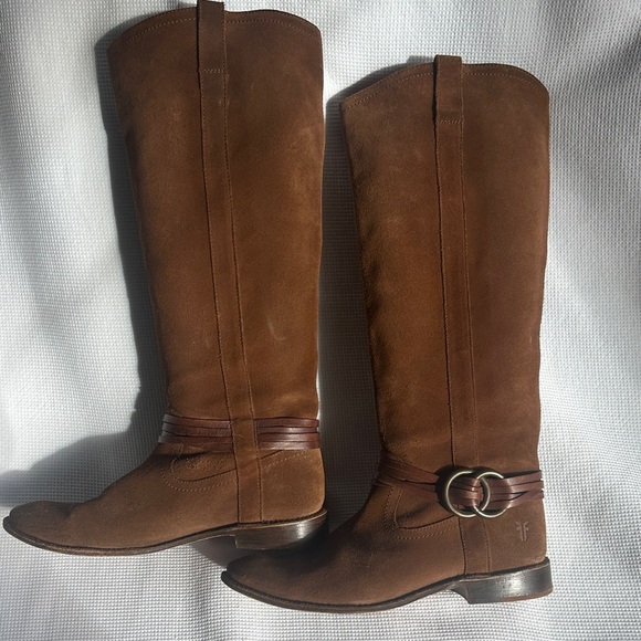 Frye Shoes - Frye Brown Suede Women’s Knee High Riding Boots Sz 8.5 Leather Brass Details